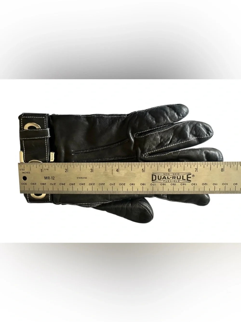 Coach Cashmere Lined Black Leather Gloves with Silver -Tone Buckle Accent